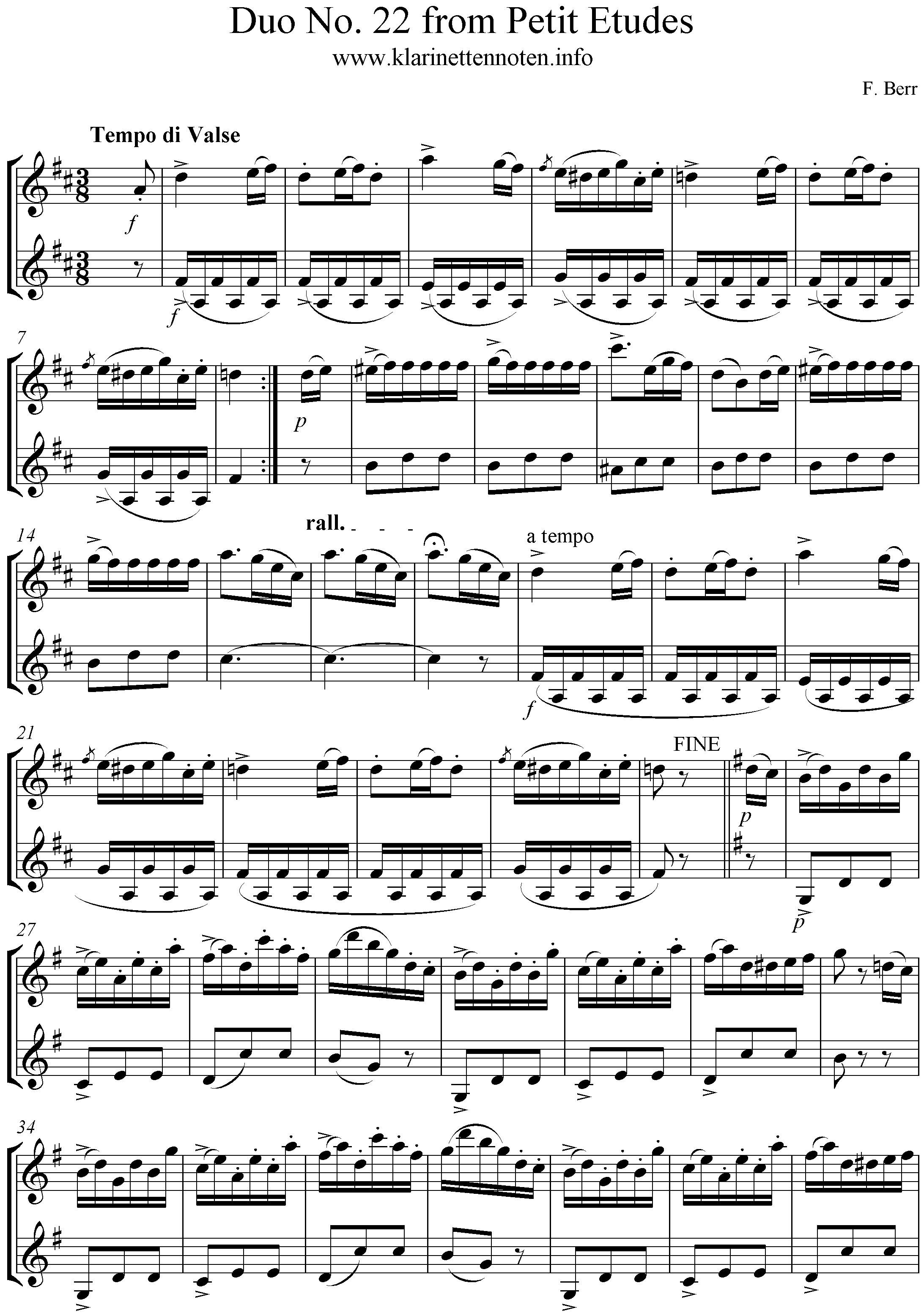 F. Berr, Petit Etudes Duo No. 22 for  CLarinet, Klarinette